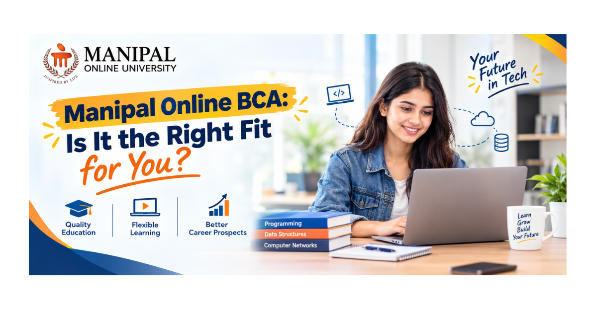 Manipal Online BCA program banner highlighting flexible learning, quality education, and career prospects for students.