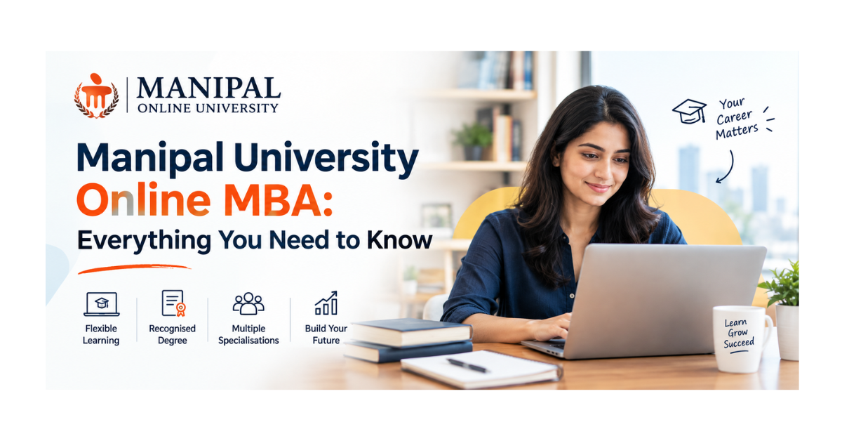 Working professional researching Manipal University Online MBA on a laptop