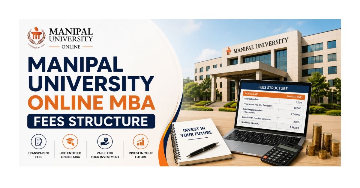Manipal University Online MBA Fees Structure banner showing fee details, university campus, and affordable online MBA program information.